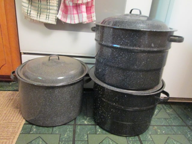 Three Large Graniteware Canning Stockpots and Some Canning Supplies: Local Pickup Only