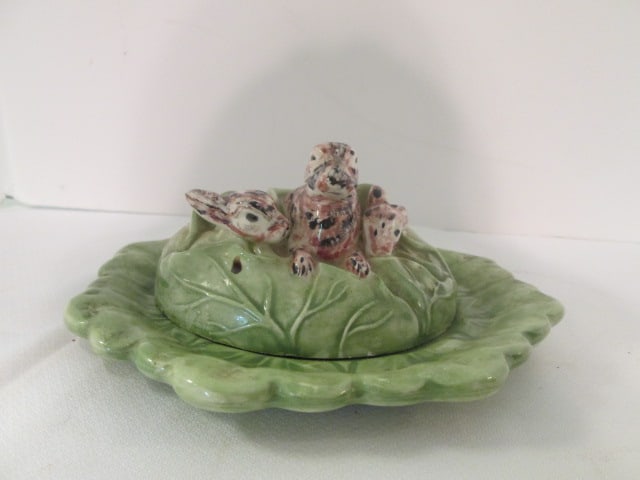 Retro Handcrafted Ceramic "Bunnies in Cabbage Leaves" Butter Dish: 8"dia, initialed and dated '83 on bottom