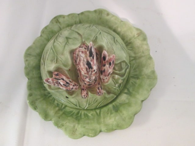 Retro Handcrafted Ceramic "Bunnies in Cabbage Leaves" Butter Dish - 2