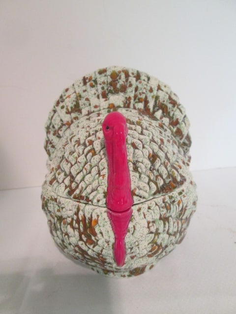 Retro Handcrafted Ceramic Drip Glaze Turkey Covered Dish: 7"h, initialed on bottom