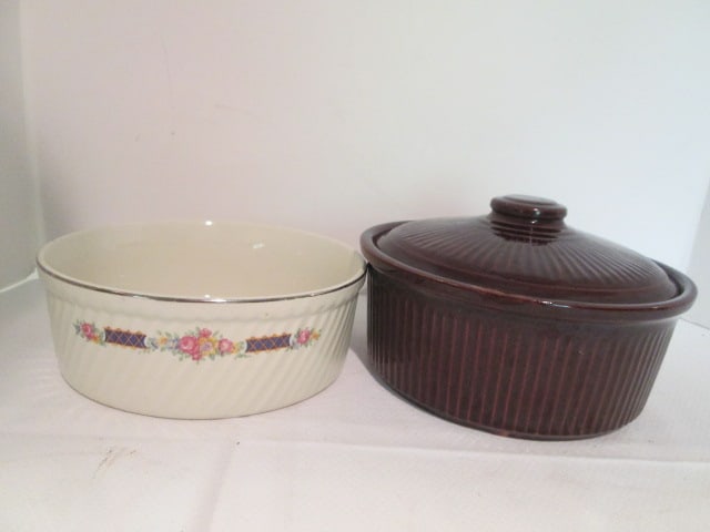 Midcentury Hall's Superior Quality Kitchenware "Blue Bouquet" Pattern Straight Sided Bowl: and Brown USA Pottery Stoneware Covered Casserole. Hall 8"dia x 2 3/4"h, Brown casserole 8 1/4"dia x 4 1/4"h