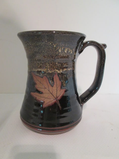 Hand Turned Signed Studio Pottery Maple Leaf Motif Pitcher/Jug: 6 3/4"h, see pictures and preview for potter's mark on bottom