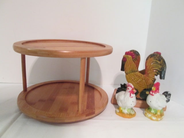 Wood Tiered Table Top Lazy Susan Organizer, Handpainted Cast Metal Rooster Napkin: Holder and Pair of Handpainted Hen/Rooster Shakers. Organizer 10 1/4"dia x 7", Napkin holder 6 1/2"h, Shakers 3 3/4"h(some use wear to finish)