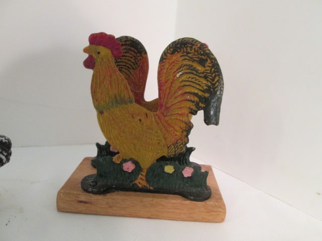 Wood Tiered Table Top Lazy Susan Organizer, Handpainted Cast Metal Rooster Napkin - 7