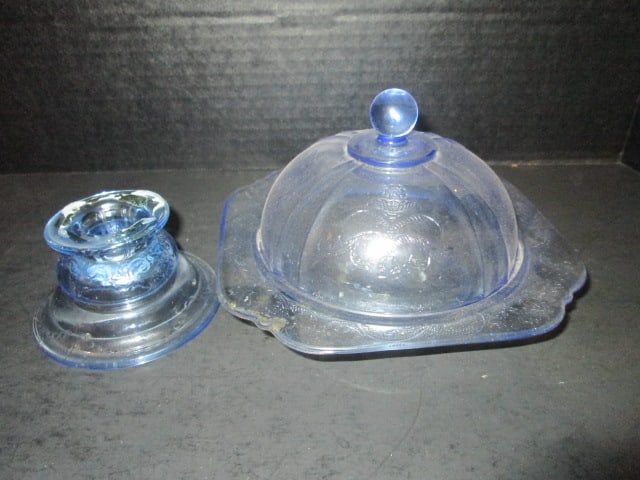 Blue Depression Glass Butter Dish and Candle Holder: Butter dish 7"square, Candle holder 2 1/4"h