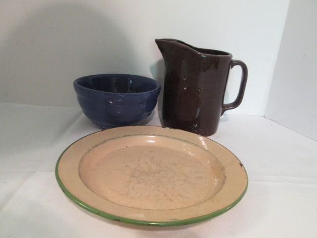 Vintage Salt Glaze Beehive Mixing Bowl, Brown Glazed Stoneware Pitcher and Enamel Plate: Bowl 6"dia x3"h, Pitcher 6"h(chip on spout and has crack down one side), Plate 9"dia(enamel chipped on rim)