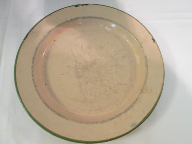Vintage Salt Glaze Beehive Mixing Bowl, Brown Glazed Stoneware Pitcher and Enamel Plate - 2