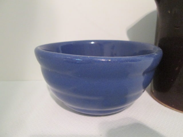 Vintage Salt Glaze Beehive Mixing Bowl, Brown Glazed Stoneware Pitcher and Enamel Plate - 4