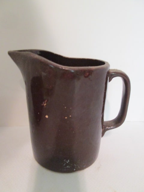 Vintage Salt Glaze Beehive Mixing Bowl, Brown Glazed Stoneware Pitcher and Enamel Plate - 6
