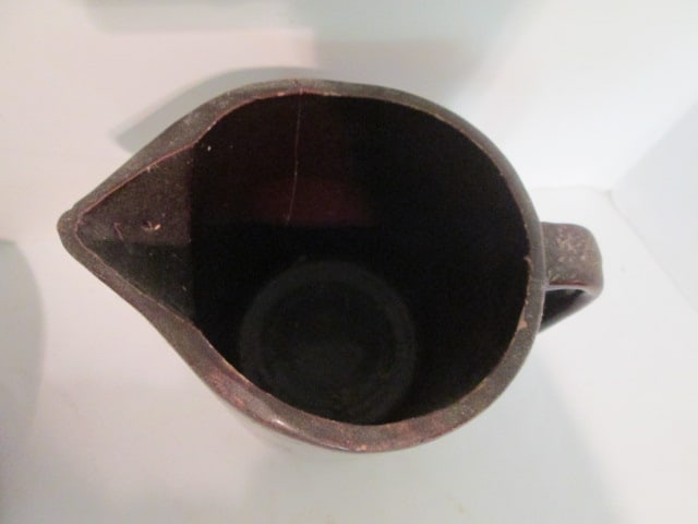Vintage Salt Glaze Beehive Mixing Bowl, Brown Glazed Stoneware Pitcher and Enamel Plate - 7