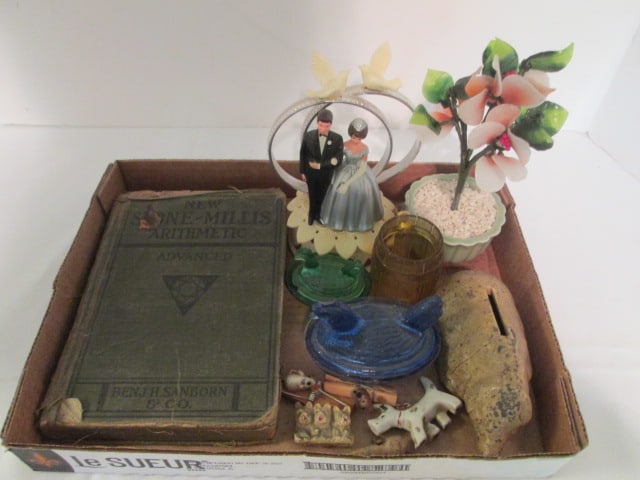 Antique Oddities-Pottery Piggy Bank, Miniature Glass Hens on Nest, Amber Barrel: Shot Glass, 1920 New Stone-Mills Arithmetic School Book, Miniature Porcelain Doll, Porcelain Scottie Dog, Acrylic "Jade" Tree, Silver Anniversary Cake Topper, etc. See pictures and preview for