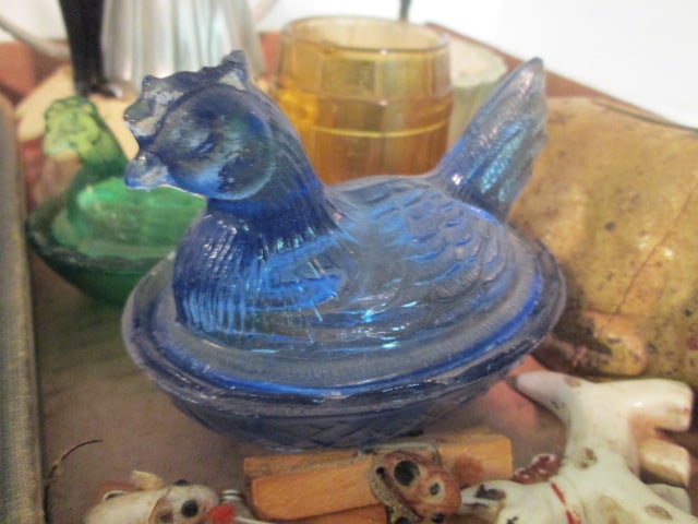 Antique Oddities-Pottery Piggy Bank, Miniature Glass Hens on Nest, Amber Barrel - 5