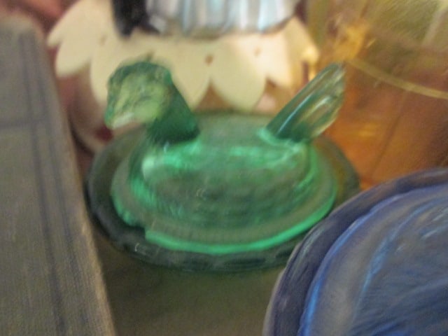 Antique Oddities-Pottery Piggy Bank, Miniature Glass Hens on Nest, Amber Barrel - 6
