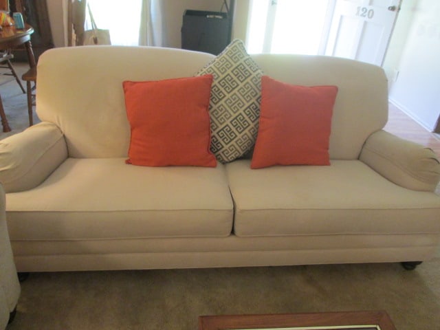 Ethan Allen Upholstered Sofa with Three Accent Throw Pillows: 82" long, back and arms need some spot cleaning, Local Pickup Only