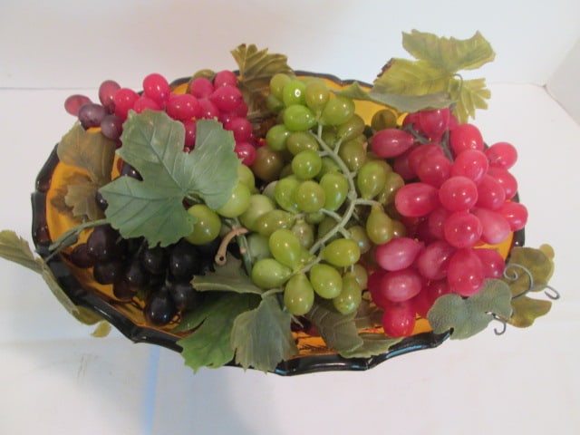 Midcentury Amber Glass Footed Fruit Bowl with Rubber Grape Clusters - 2