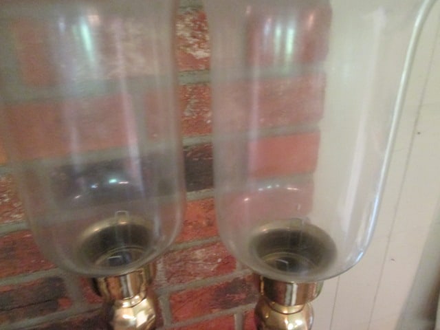 Pair of Lacquered Brass Candle Holders with Hurricane Shades - 4