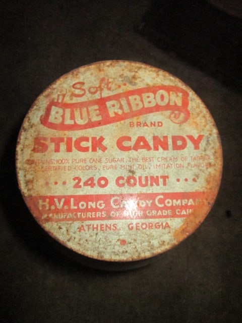Old H.V. Long Candy Co. "Soft Blue Ribbon Stick Candy" Glass Jar with Metal Lid - 2