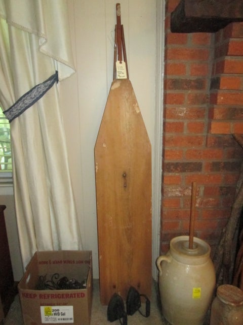 Vintage Wooden Ironing Board and Pair of No. 6 Cast Iron Sadirons: Local Pickup Only
