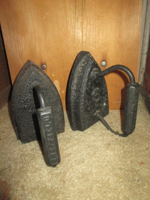 Vintage Wooden Ironing Board and Pair of No. 6 Cast Iron Sadirons - 2