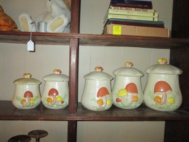 Retro Handcrafted Arnel's Ceramic Mold 5 Piece Mushroom Cannister Set: 7 1/2"h-11 1/2"h, initialed on bottom, few chips-see pictures and preview, Local Pickup Suggested