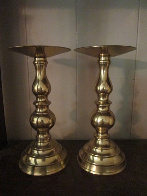 Pair of Brass Pillar Candle Holders and Pair of Votive/Candlestick Holders - 4