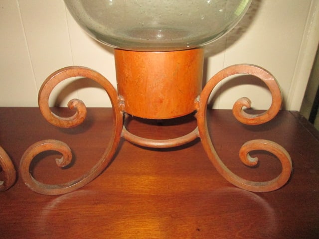 Pair of Wrought Iron Pillar Candle Holders with Hand Blown Glass Hurricane Shades - 2