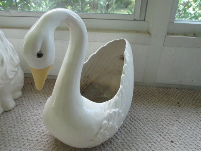 Retro Handcrafted Ceramic Swan Planter: 15"h, initialed on bottom