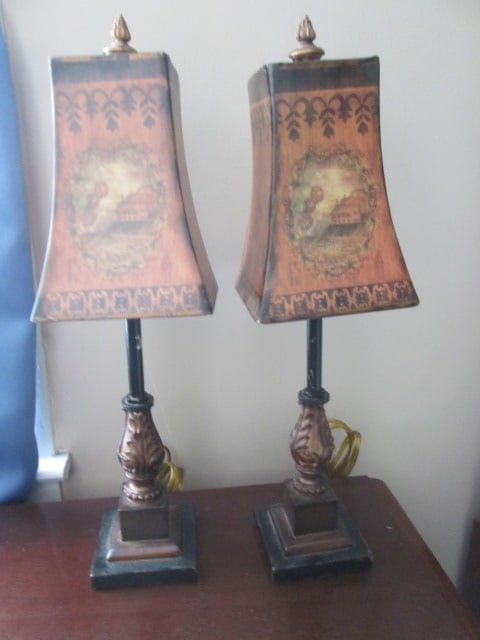 Pair of Neoclassical Vanity/Desk Lamps with Hand Decorated Metal Shades: 17"h, Local Pickup Only