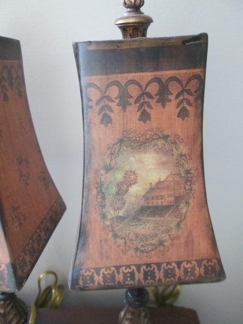 Pair of Neoclassical Vanity/Desk Lamps with Hand Decorated Metal Shades - 4