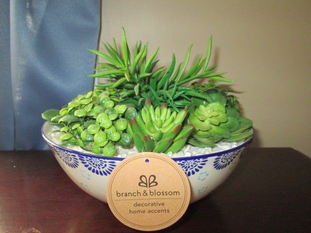 Branch & Blossom Artificial Succulent Arrangement in Porcelain Bowl: 9"dia x 7"