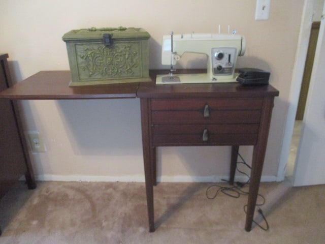 Vintage Sears Kenmore Model 2142 Sewing Machine in Wood Sewing Cabinet and: Sewing Box of Sewing Sundries. Cabinet measures 23"(46" open) x 18" x 30 1/2". Sewing machine wheel wont turn, did not plug in, See pictures for contents of sewing box, Local Pickup Only