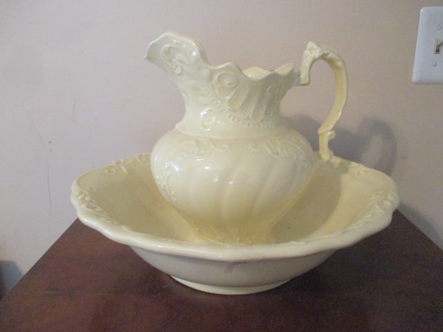 Retro Handcrafted Ceramic Pitcher and Wash Basin: Pitcher 10 1/2"h, basin 17" x 16" x 4 1/2", dated 1986 and initialed on bottom