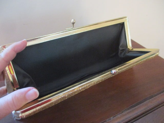 Vintage Ladies Clutch Purses and Pair of Gold Lame Low Block Heels - 10