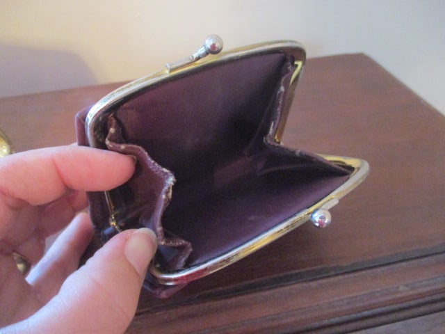 Vintage Ladies Clutch Purses and Pair of Gold Lame Low Block Heels - 8