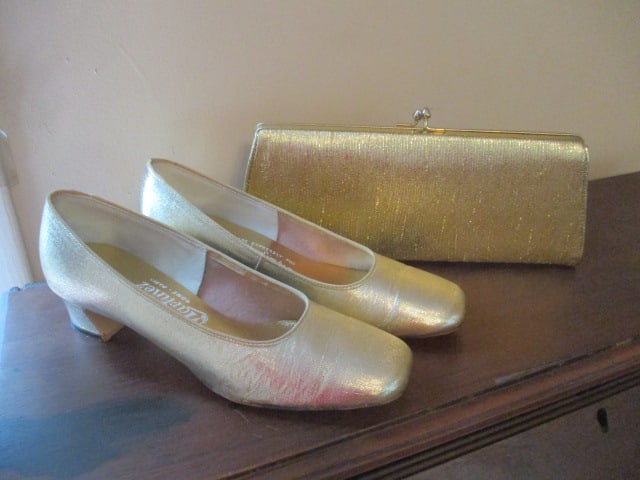 Vintage Ladies Clutch Purses and Pair of Gold Lame Low Block Heels - 9