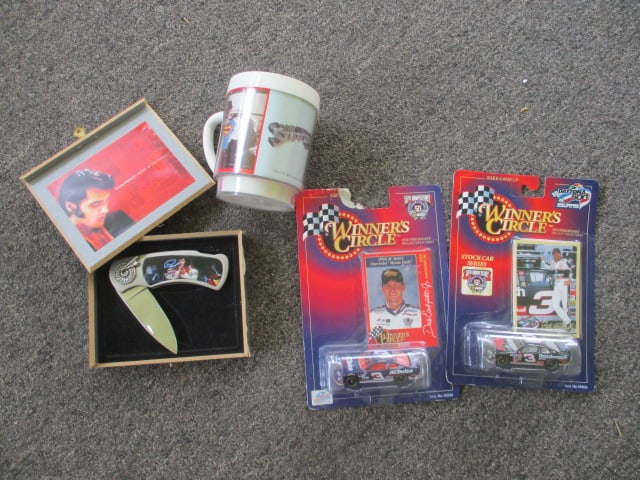 Collectibles Grouping-1978 DC Comics "Superman The Movie" Insulated Cup,: "Elvis Artist of the Century" Collector Knife in Wood Box, 1998 Kenner Winner's Circle Dale Earnhardt #3 Goodwrench and Dale Earnhardt Jr. #3 AC Delco 1:64 Scale Diecast Cars in Original Package with 
