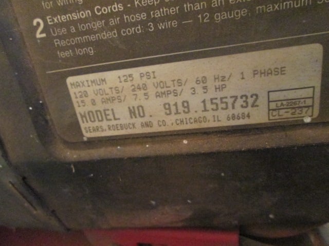 Sears Craftsman 3 1/2 Hp 25 Gallon Compressor with Air Hose - 5