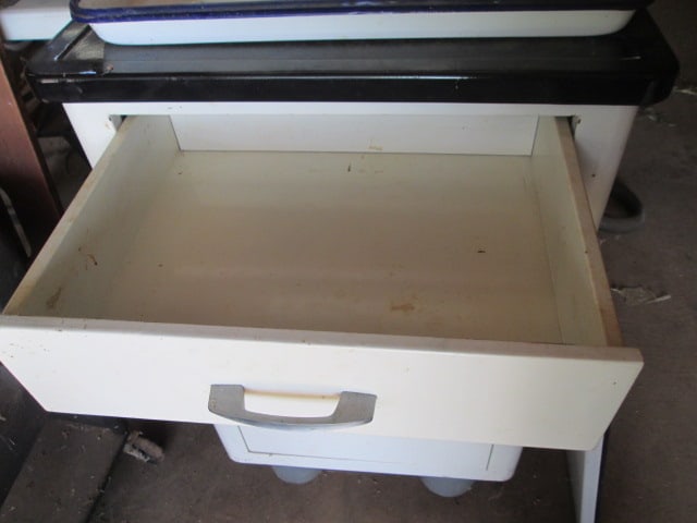 Vintage Enamel Doctor Office Storage Cabinet, Enamel Equipment Trays and Covered Box - 3