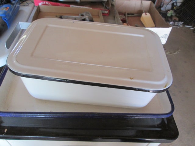Vintage Enamel Doctor Office Storage Cabinet, Enamel Equipment Trays and Covered Box - 5