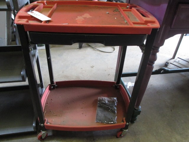 Heavy Duty Plastic Tiered Work Cart with Drawer and Contents: top has crack/hole on side at fastener, see pictures and preview, Local Pickup Only