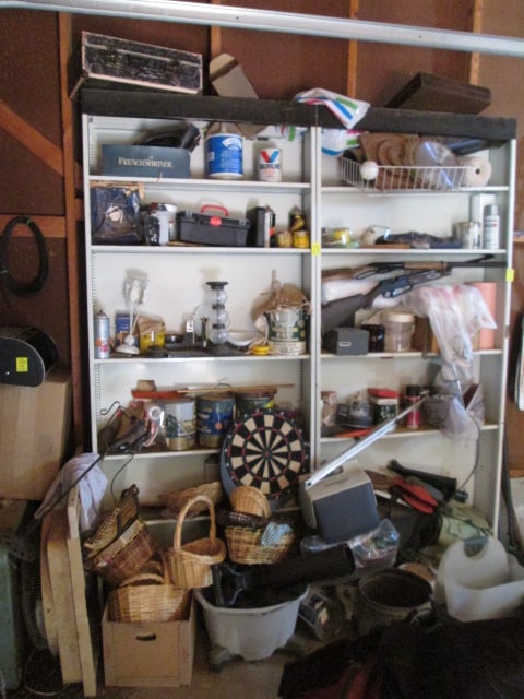 Left Corner Garage Wall Contents-Two Shelf Units, Cooler, Sawblades, Baskets,: Free Weight Set, Fans, etc. See all pictures and preview, Take what you want, Local Pickup Only