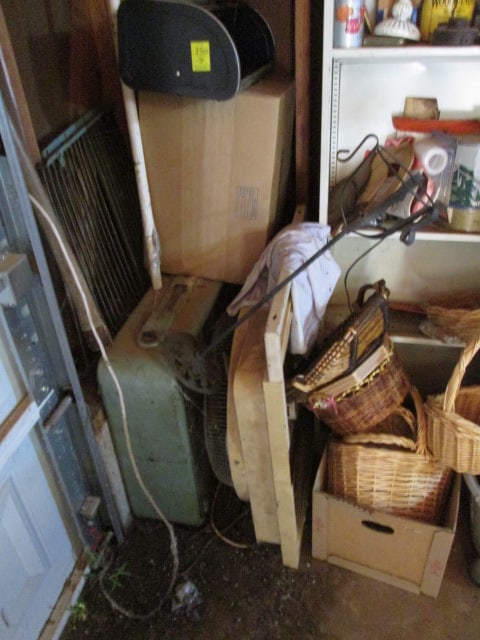 Left Corner Garage Wall Contents-Two Shelf Units, Cooler, Sawblades, Baskets, - 2
