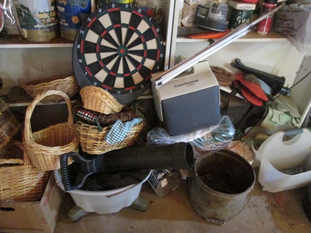 Left Corner Garage Wall Contents-Two Shelf Units, Cooler, Sawblades, Baskets, - 3