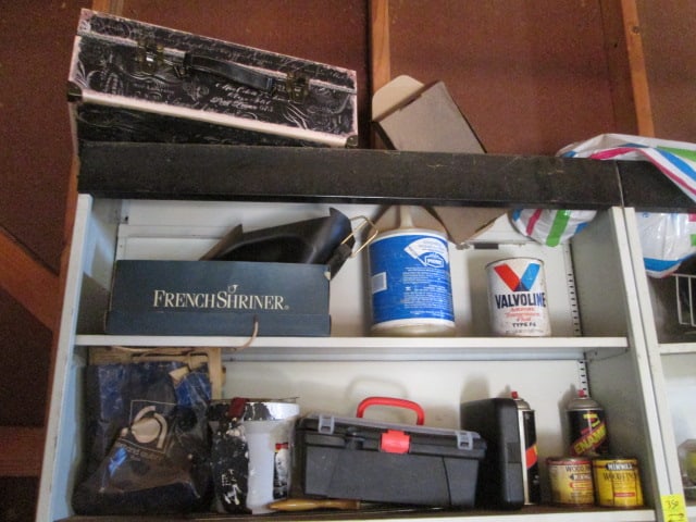 Left Corner Garage Wall Contents-Two Shelf Units, Cooler, Sawblades, Baskets, - 4