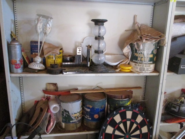 Left Corner Garage Wall Contents-Two Shelf Units, Cooler, Sawblades, Baskets, - 5