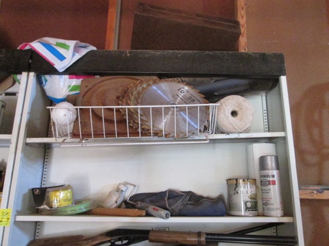 Left Corner Garage Wall Contents-Two Shelf Units, Cooler, Sawblades, Baskets, - 6