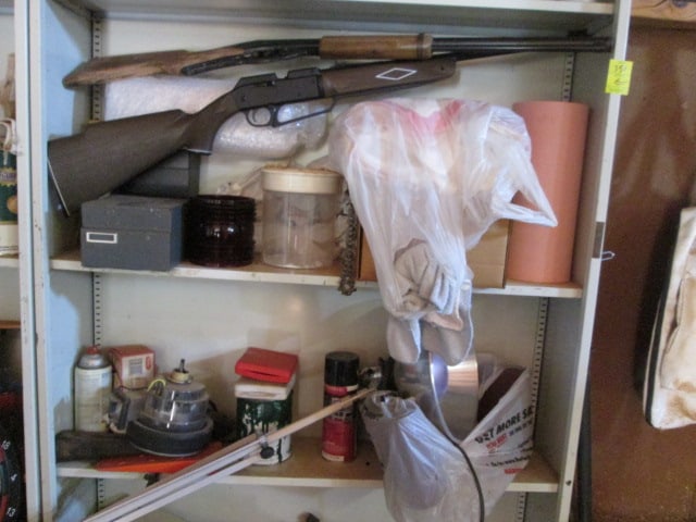 Left Corner Garage Wall Contents-Two Shelf Units, Cooler, Sawblades, Baskets, - 7