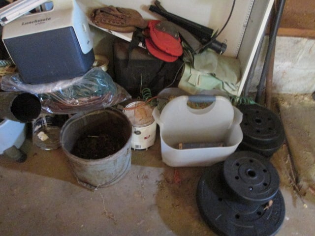 Left Corner Garage Wall Contents-Two Shelf Units, Cooler, Sawblades, Baskets, - 8