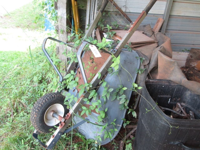 Contents of Right Side Shed-Galvanized Tubs, Yard Tools, Heavy Duty Blue Plastic 50 Gallon Drums, - 2
