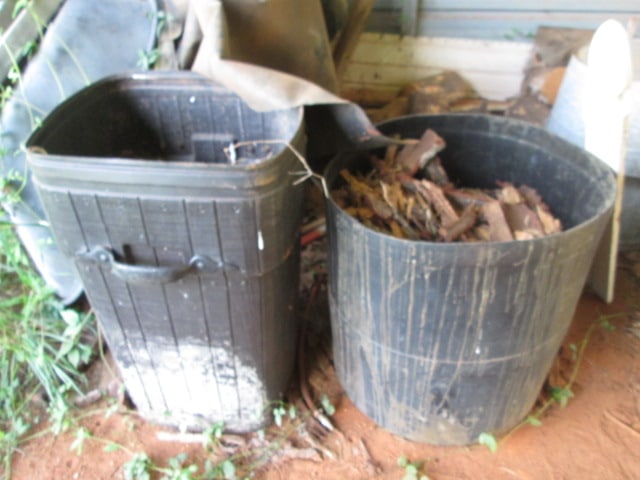 Contents of Right Side Shed-Galvanized Tubs, Yard Tools, Heavy Duty Blue Plastic 50 Gallon Drums, - 3